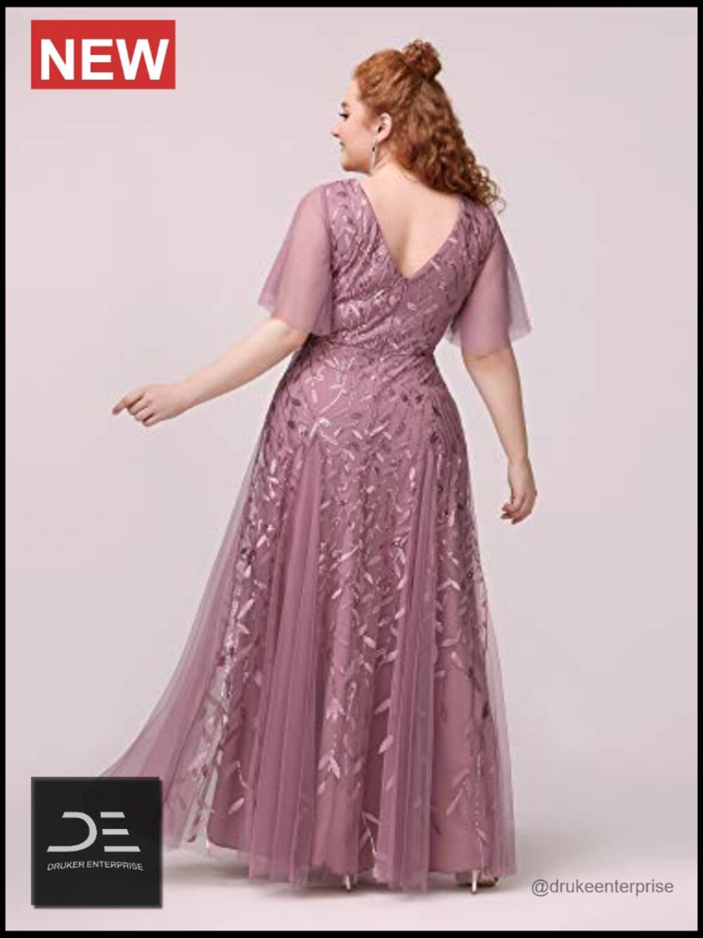 Plus Size Sequined Formal Dress with V-Neck Short Sleeves Floor-Length Mother - Picture 2 of 7